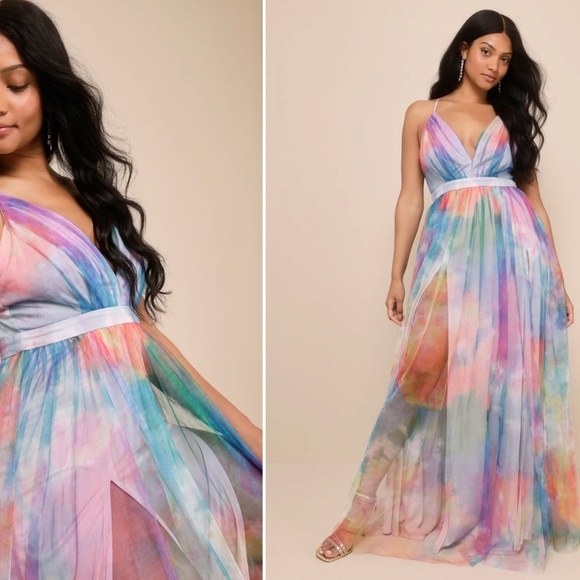 LULU's Prom Wedding Special Event Sexy Flowy Colorful Tulle Tie Dye Maxi Dress - Picture 1 of 10